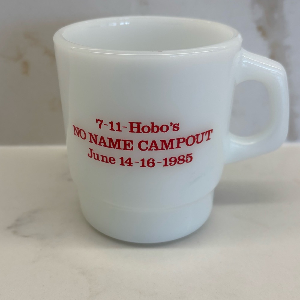 Vintage White Milk Glass Anchor Hocking Commemorative Mug for No Name Campout